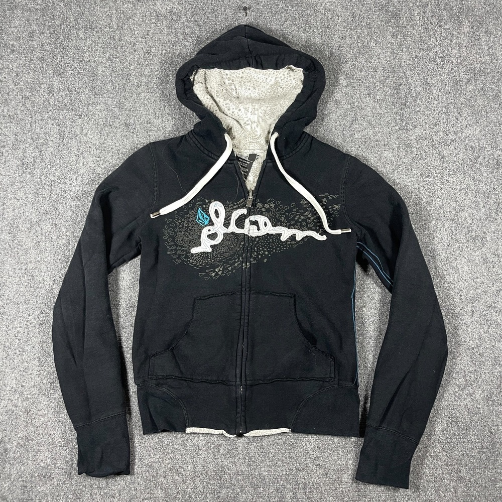 Volcom Hoodie Women's Small Y2K Graphic Print Full Embroidered Full Zip Black